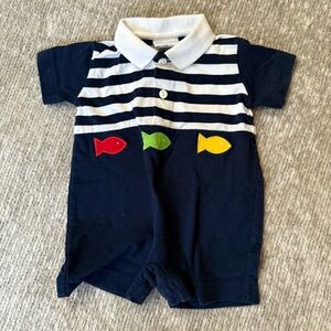 Florence Eiseman 3M Navy Striped Polo Romper Fish Appliqué Baby Boy Outfit